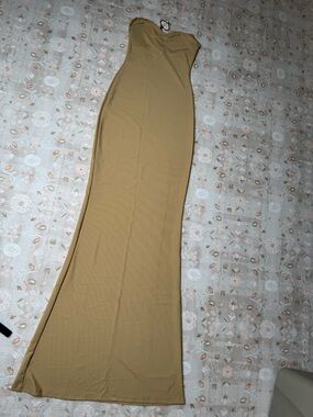 Mirror Palais Tan Slip Dress with Burgundy Ribbon Tag